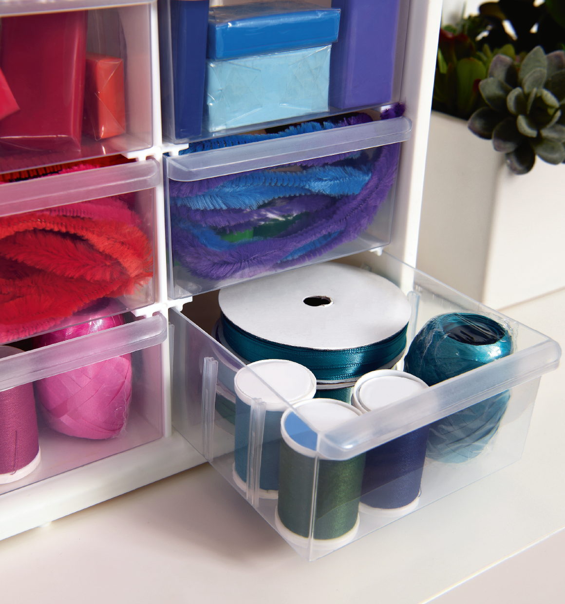close-up of the large drawer contents on the BLACK+DECKER 39 Drawer Organizer Bin