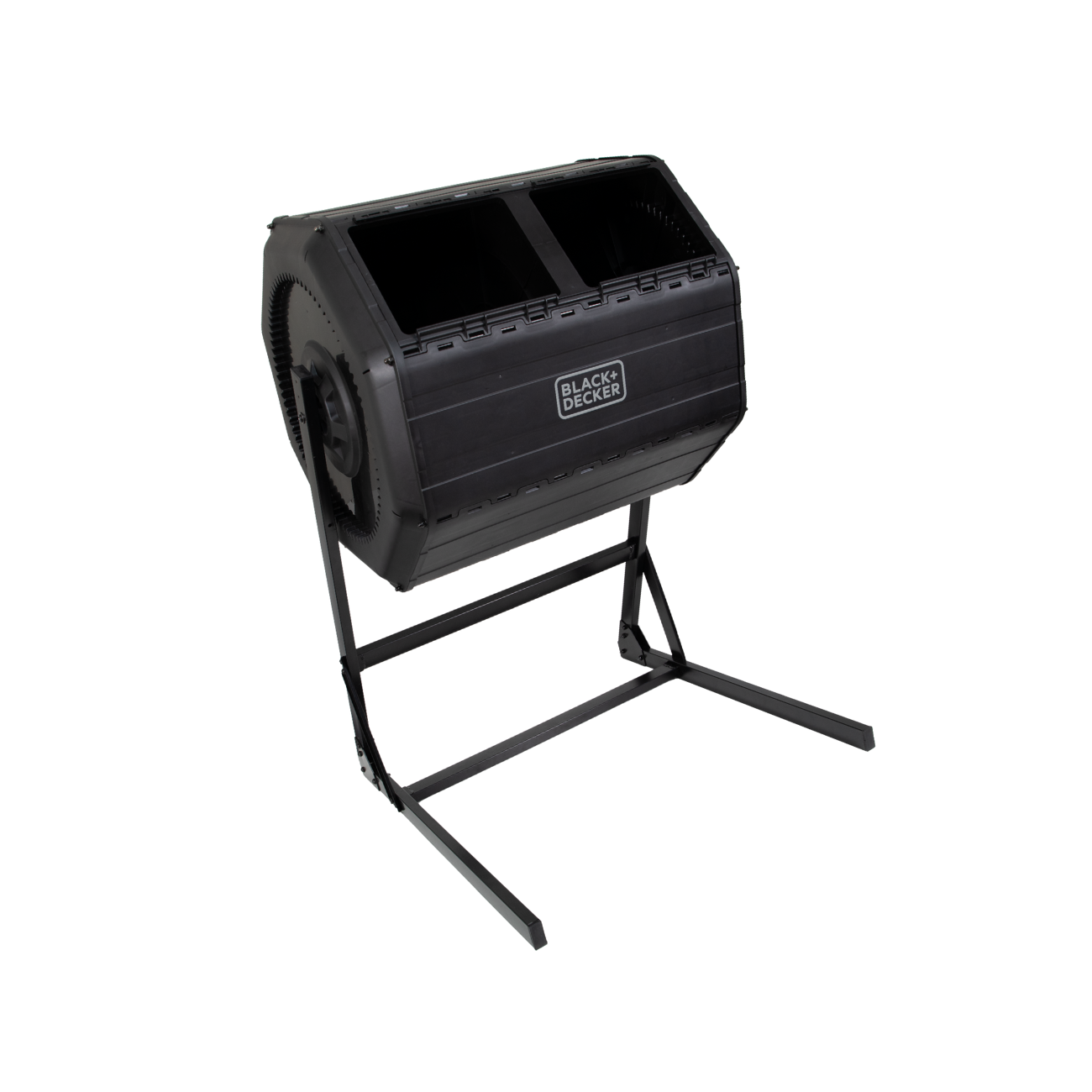 BLACK+DECKER 40 Gallon Dual Chamber Tumbler Composter with the two doors off