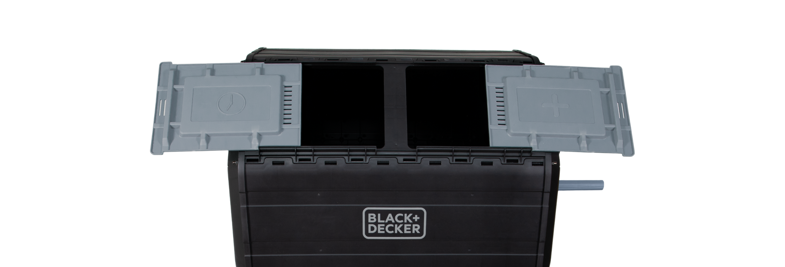 BLACK+DECKER 40 Gallon Dual Chamber Tumbler Composter with the two doors slid open