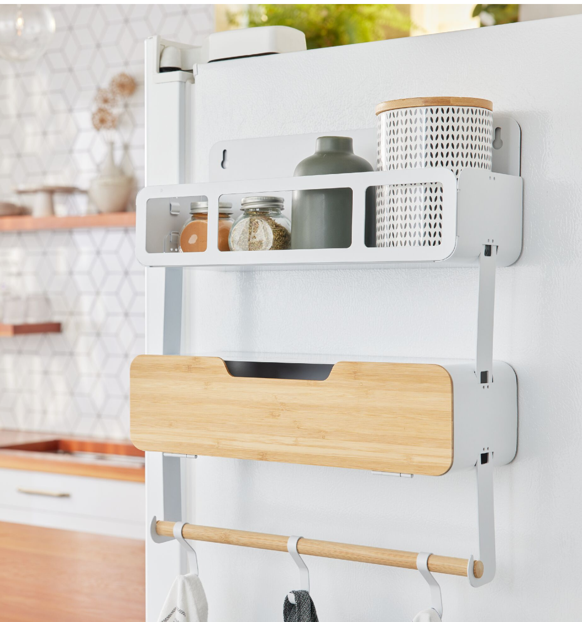 Hanging Rack System-Shelf W/Brackets with additional Shelf with Door hanging on fridge with misc. containers and towels.