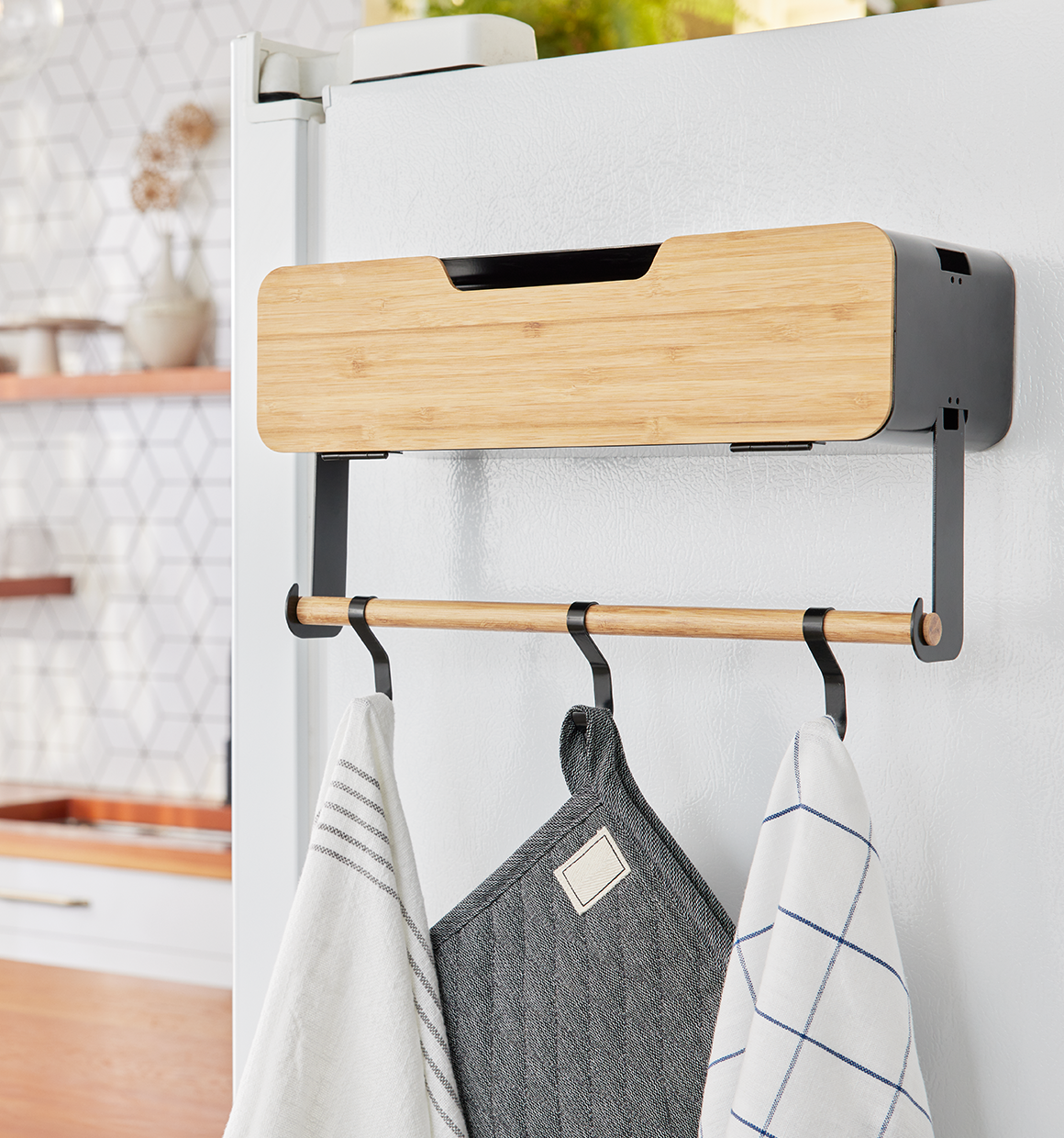 Hanging Rack System - Shelf With Door W/Brackets hanging on fridge with towels.