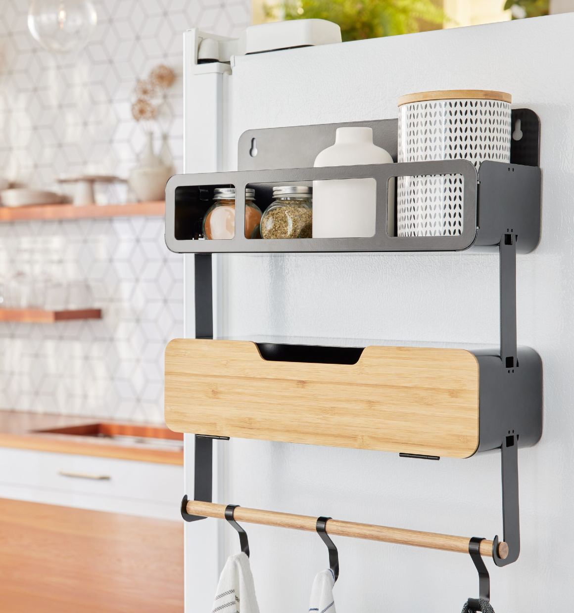 Hanging Rack System - Shelf With Door W/Brackets and additional Shelf hanging on fridge with spices and towels.