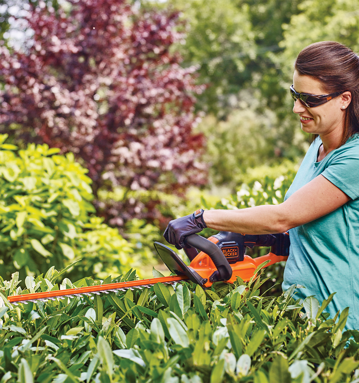 Lithium 22 inch power cut hedge trimmer being used to to trim a bush by a person.