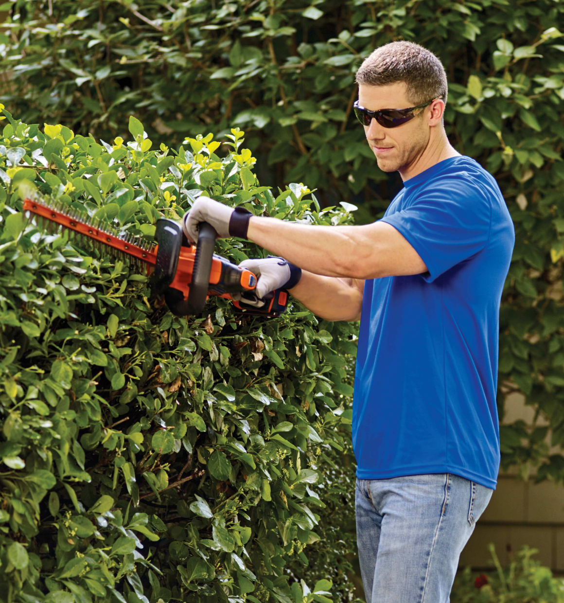 40 volt lithium 24 inch powercut hedge trimmer being used by a person.