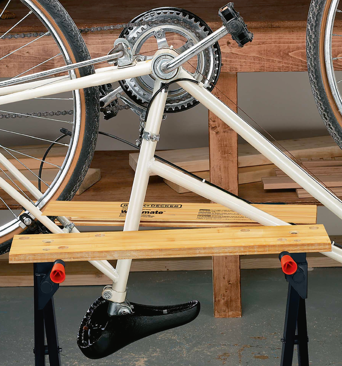 Workmate Portable Project Center and Vise being used to hold an upside down bicycle for repair.