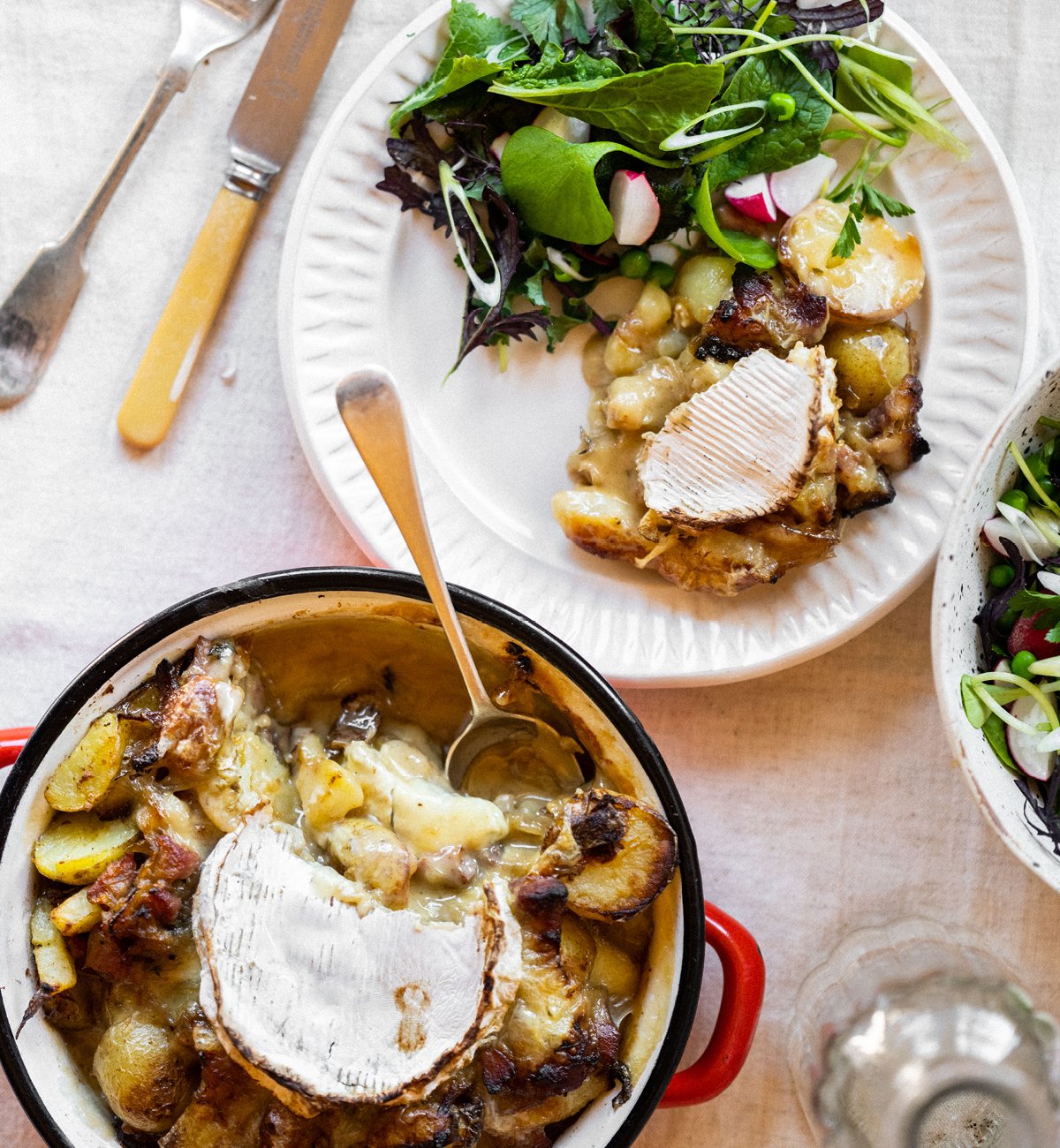 Tunworth Cheese Baked With Potatoes and Green Salad