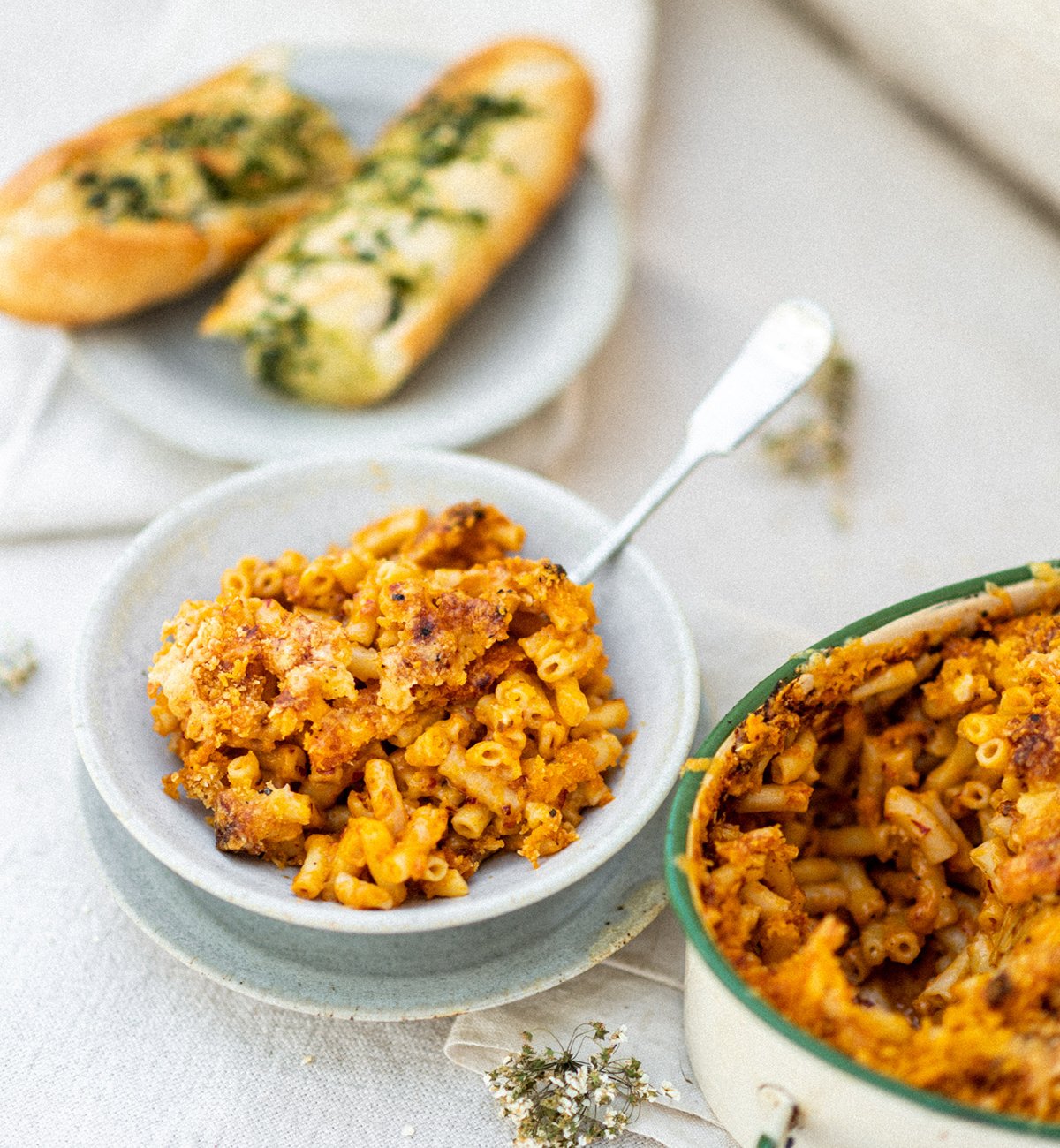 British Spelt Conchigliette Mac & Cheese, with Buttery Garlic Bread