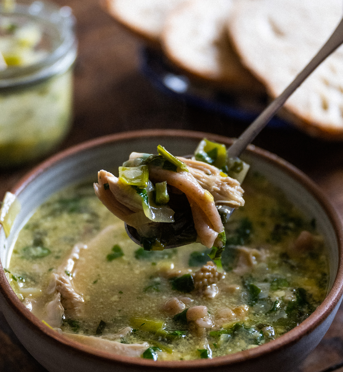 Free Range British Chicken and Leek Soup, Served with Spelt Pasta