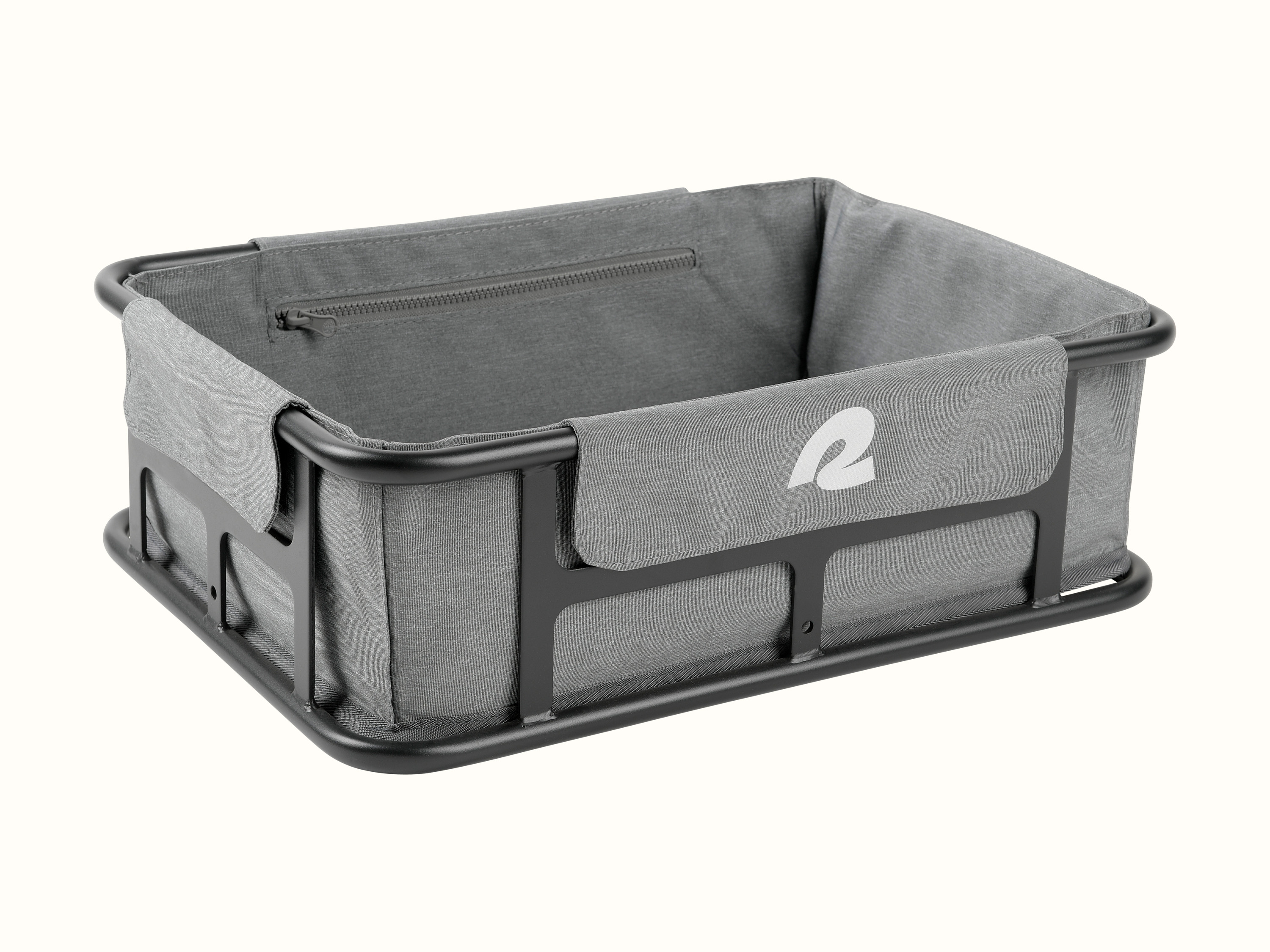 The EverythingBin Rear Rack EBike Basket shown as a gray fabric liner and black metal storage basket featuring a zippered pocket and a 