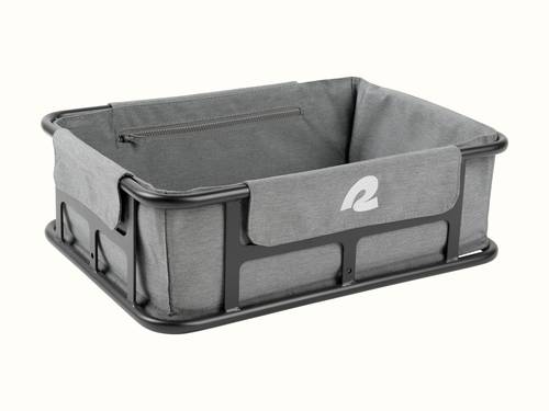 The EverythingBin Rear Rack EBike Basket shown as a gray fabric liner and black metal storage basket featuring a zippered pocket and a "retrospec" logo on the side.