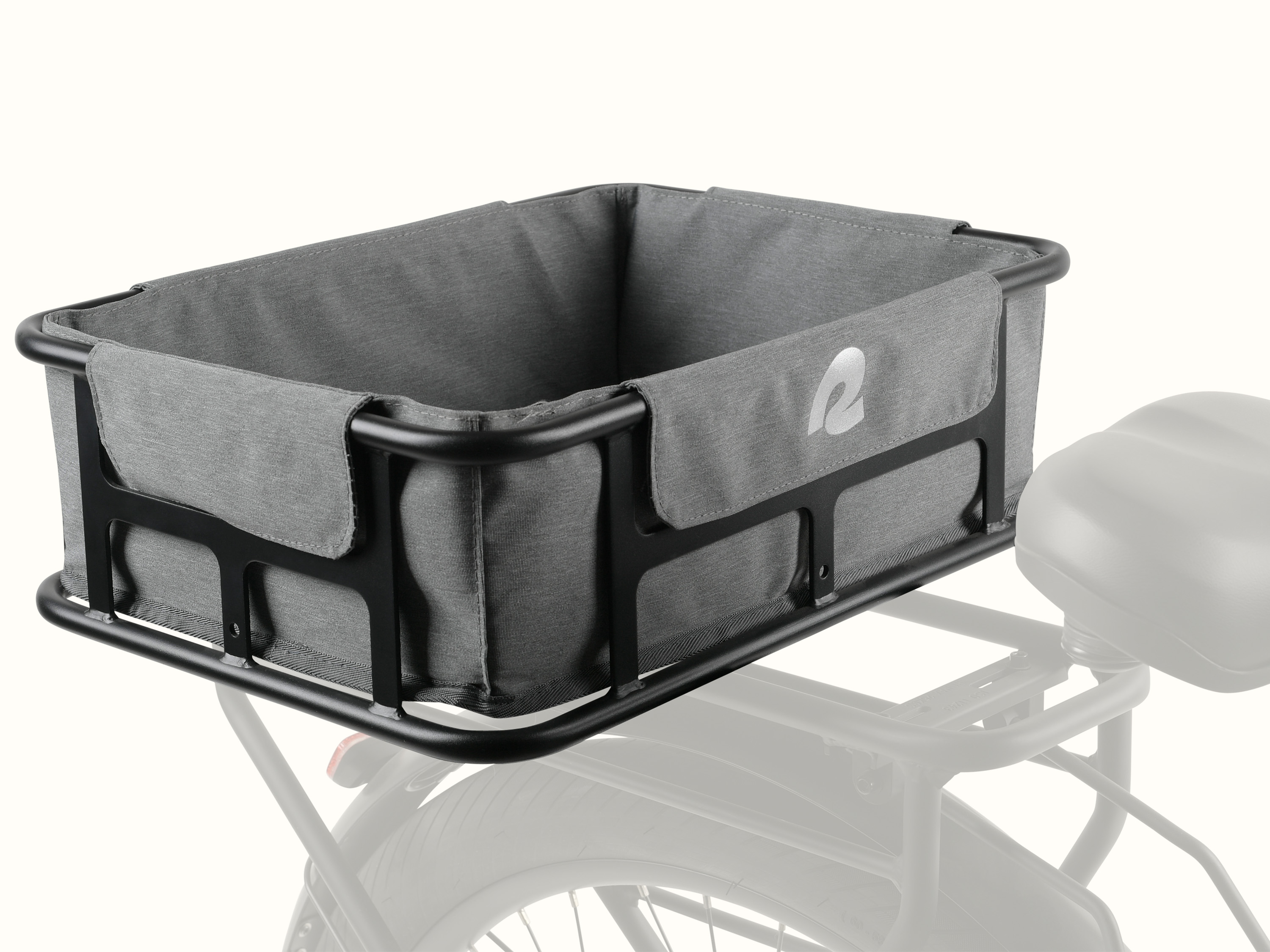 A black metal frame EverythingBin Rear Rack EBike Basket with a gray liner featuring a zippered pocket, with a 