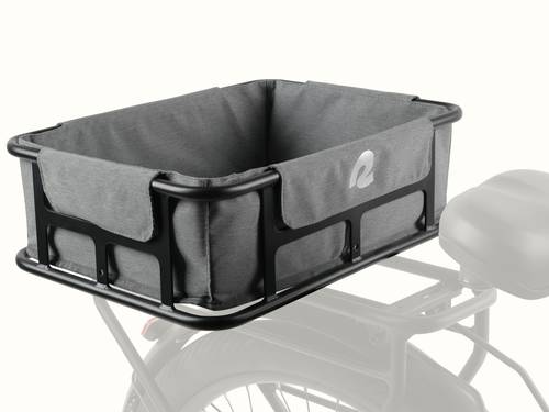 A black metal frame EverythingBin Rear Rack EBike Basket with a gray liner featuring a zippered pocket, with a "retrospec" logo on the front attached to a greyed out ebike.