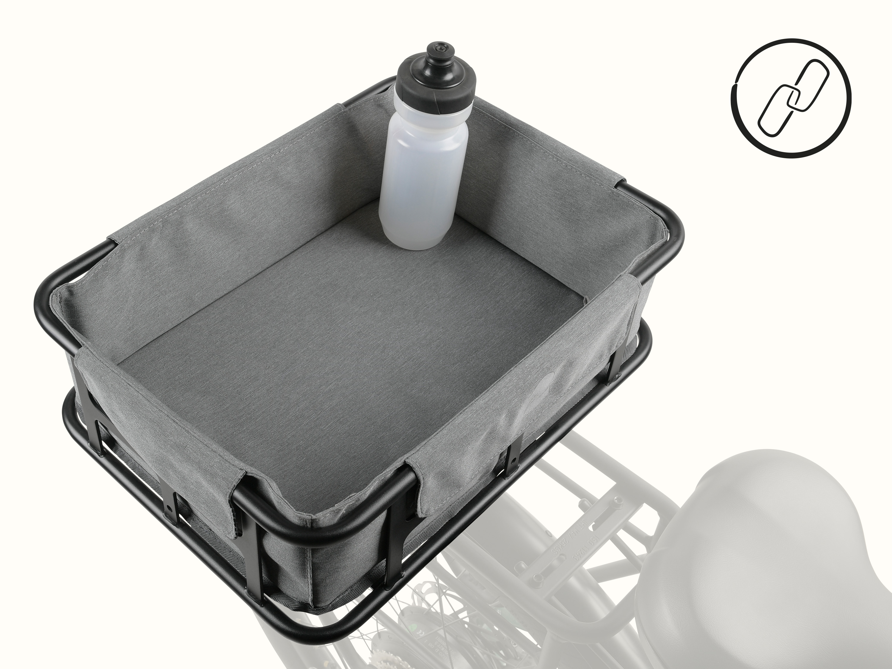 A top view of the EverythingBin Rear Rack EBike Basket with a gray liner attached to the rear rack of a greyed out ebike.