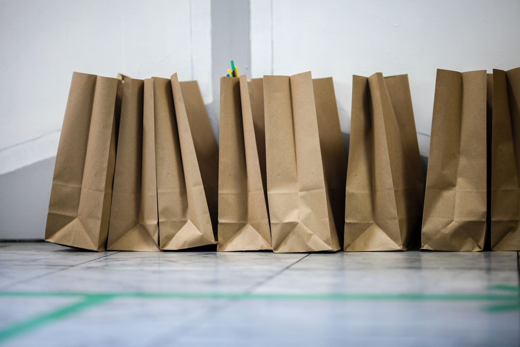 An image of brown paper bags lined up in a row 