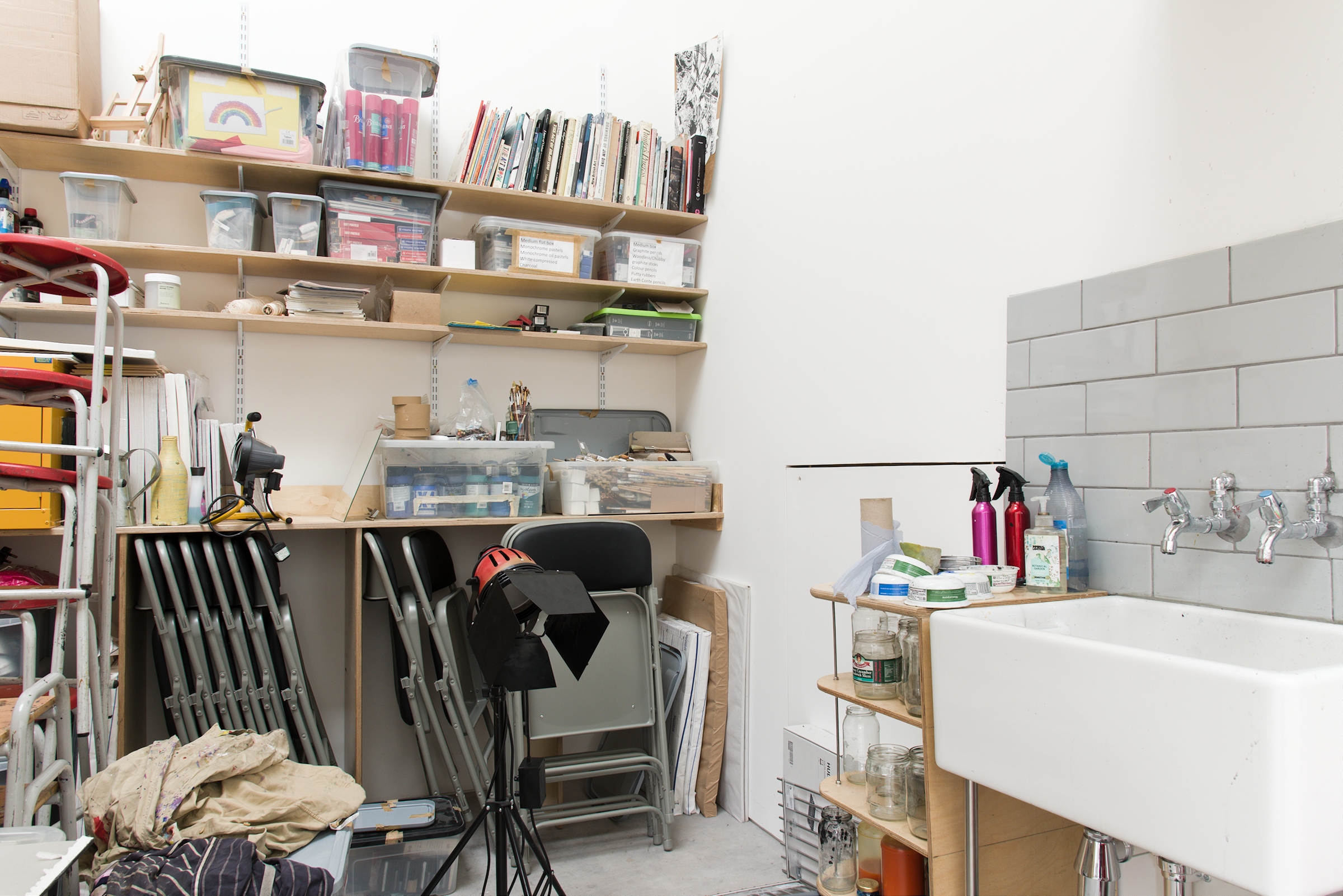 The purpose built storage area of the new studio has plenty of room for art materials, paper and a sink for washing brushes 