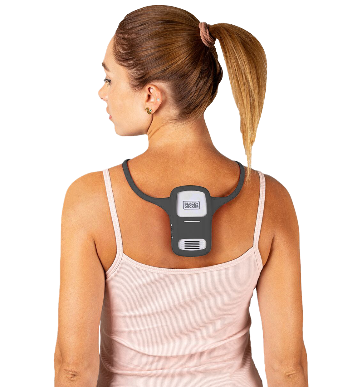 rear view of the comfortpak™ device in the obsidian black 360° lanyard worn around the back of a woman's neck
