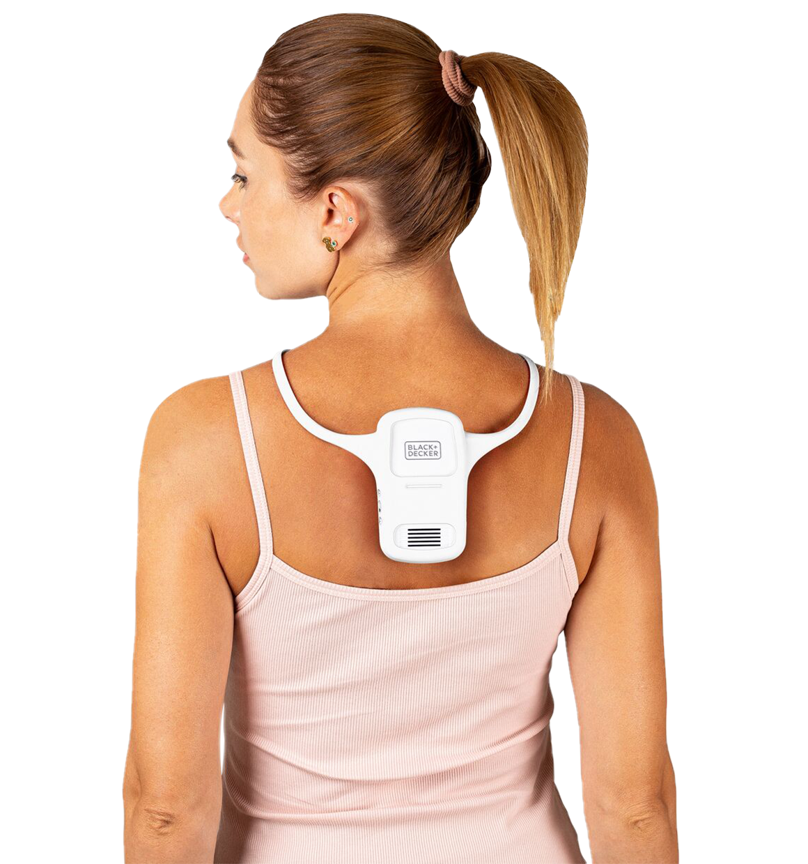 rear view of the comfortpak™ device in the cloud white 360° lanyard worn around the back of a woman's neck