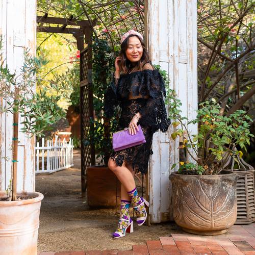 sock candy stain glass floral sheer socks and heels little black dress outfit