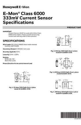 Honeywell E-Mon® Class 6000 333mV Current Sensor Specifications