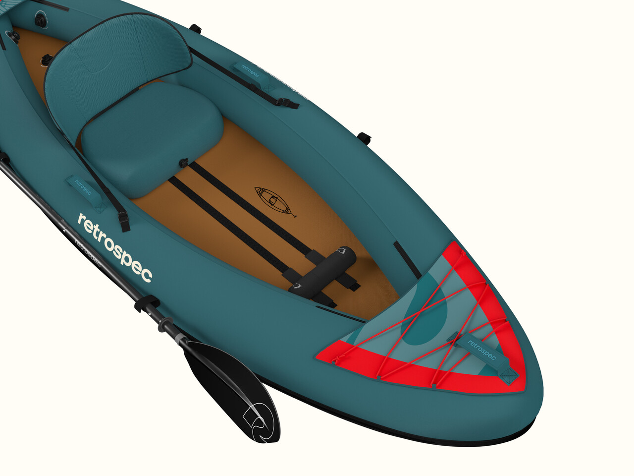 A top-down view of a turquoise inflatable kayak with a padded seat, brown interior, and red accent on the bow, featuring a paddle and retrospec logo.