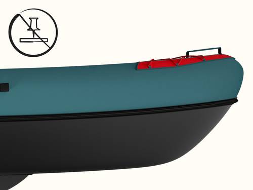 Side view of a two-toned inflatable kayak in blue and black, featuring a red cargo area and a "no puncture" icon.