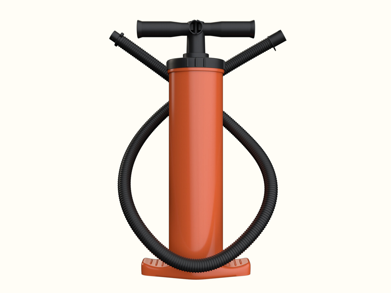An orange floor pump with a black handle and hoses, designed for inflating the inflatable kayak.