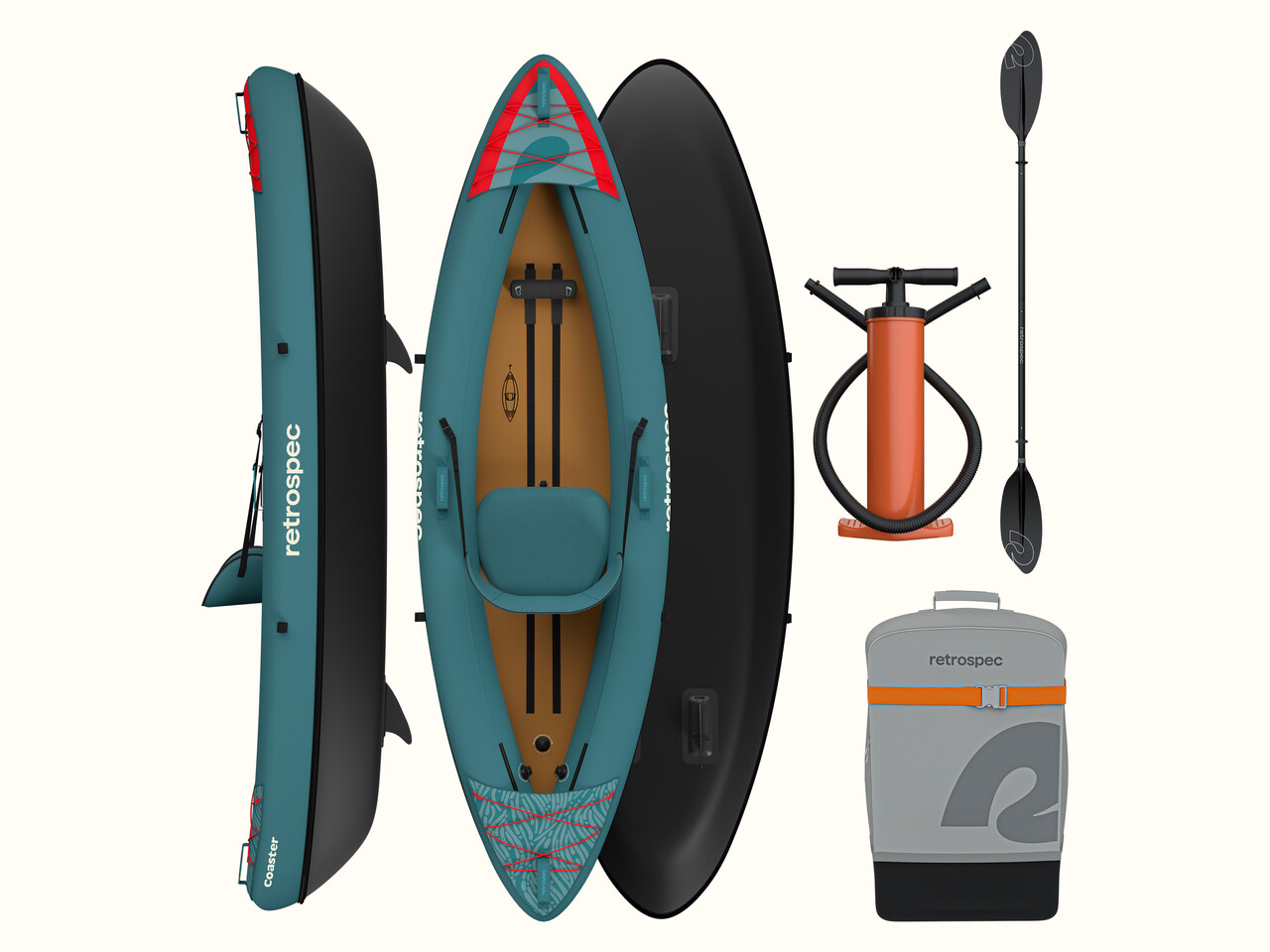 An inflatable kayak in teal and black, accompanied by a pump, paddle, and gray carrying backpack, all labeled 