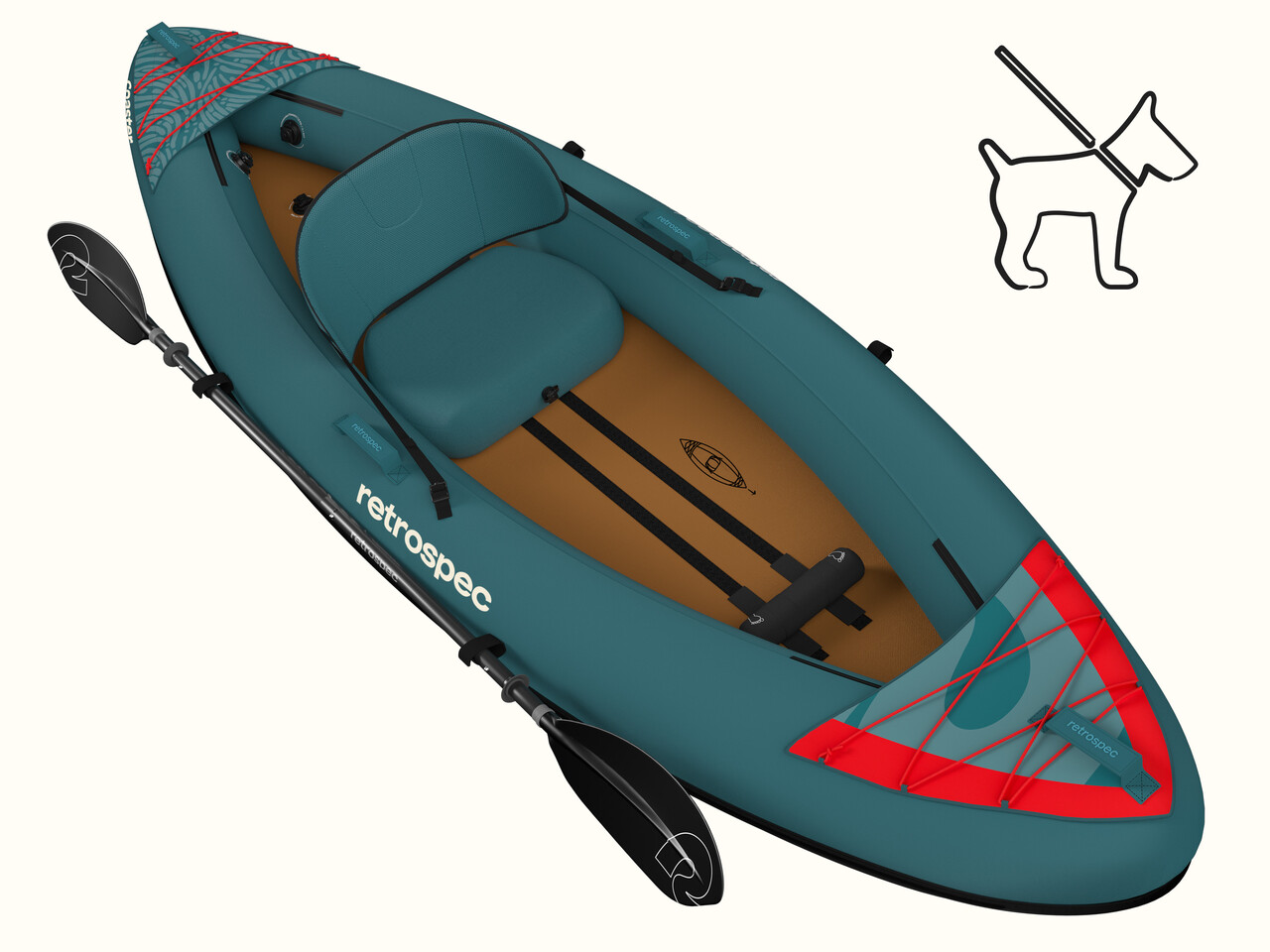 A teal inflatable kayak with a comfortable seat and a red patterned top, featuring a paddle and a dog leash icon.