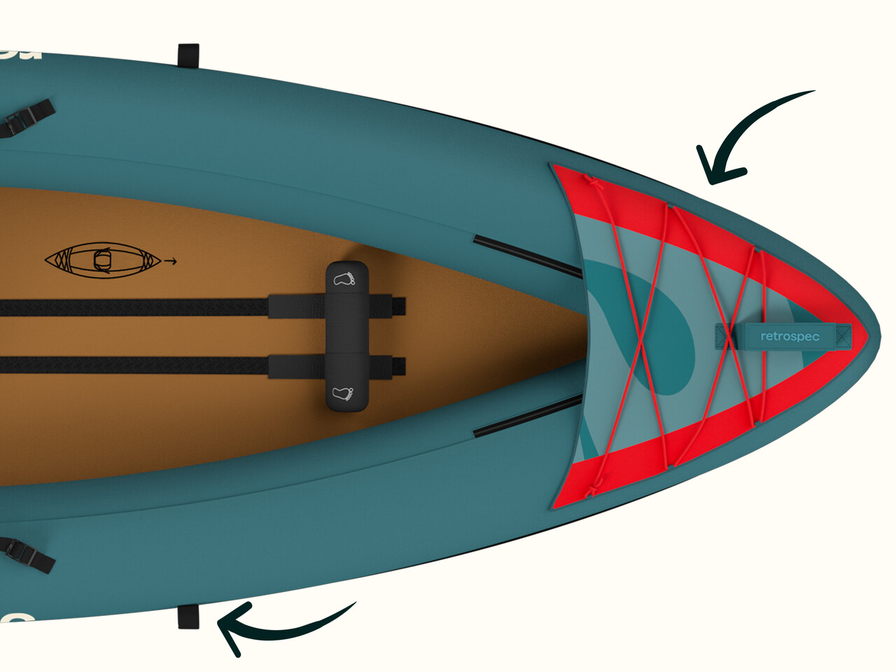 A top view of a turquoise inflatable kayak with red accents, showing bungee storage and straps on a brown interior.