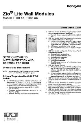 Honeywell 38-00003—02 - Zio® Lite Wall Modules Models TR40-XX, TR42-XX