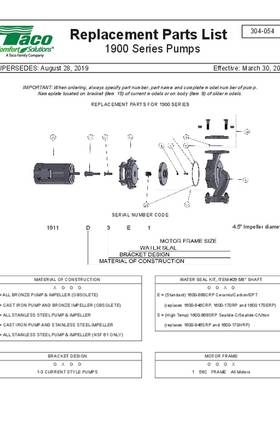 Taco 1900 Series Pumps Replacement Parts List