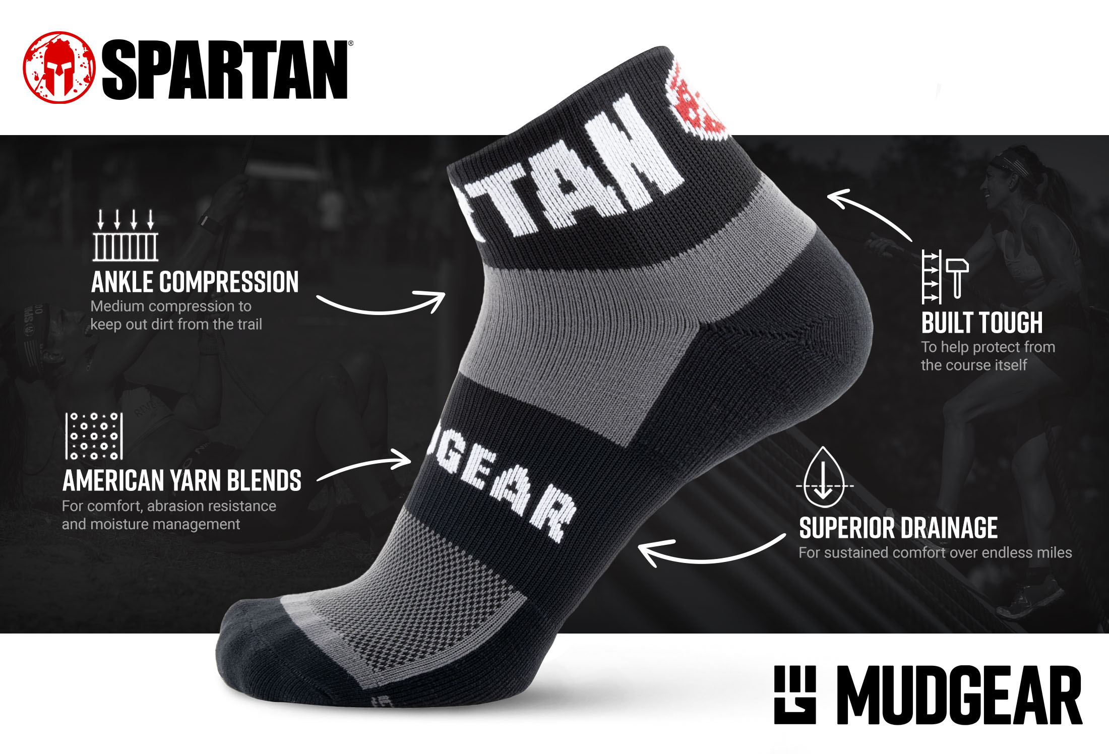 Infographic of SPARTAN by MudGear Quarter (1/4) Crew Sock