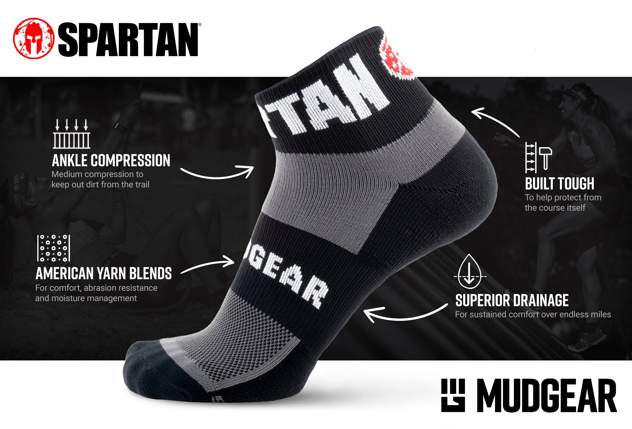 Infographic of SPARTAN by MudGear 1/4 Crew Sock