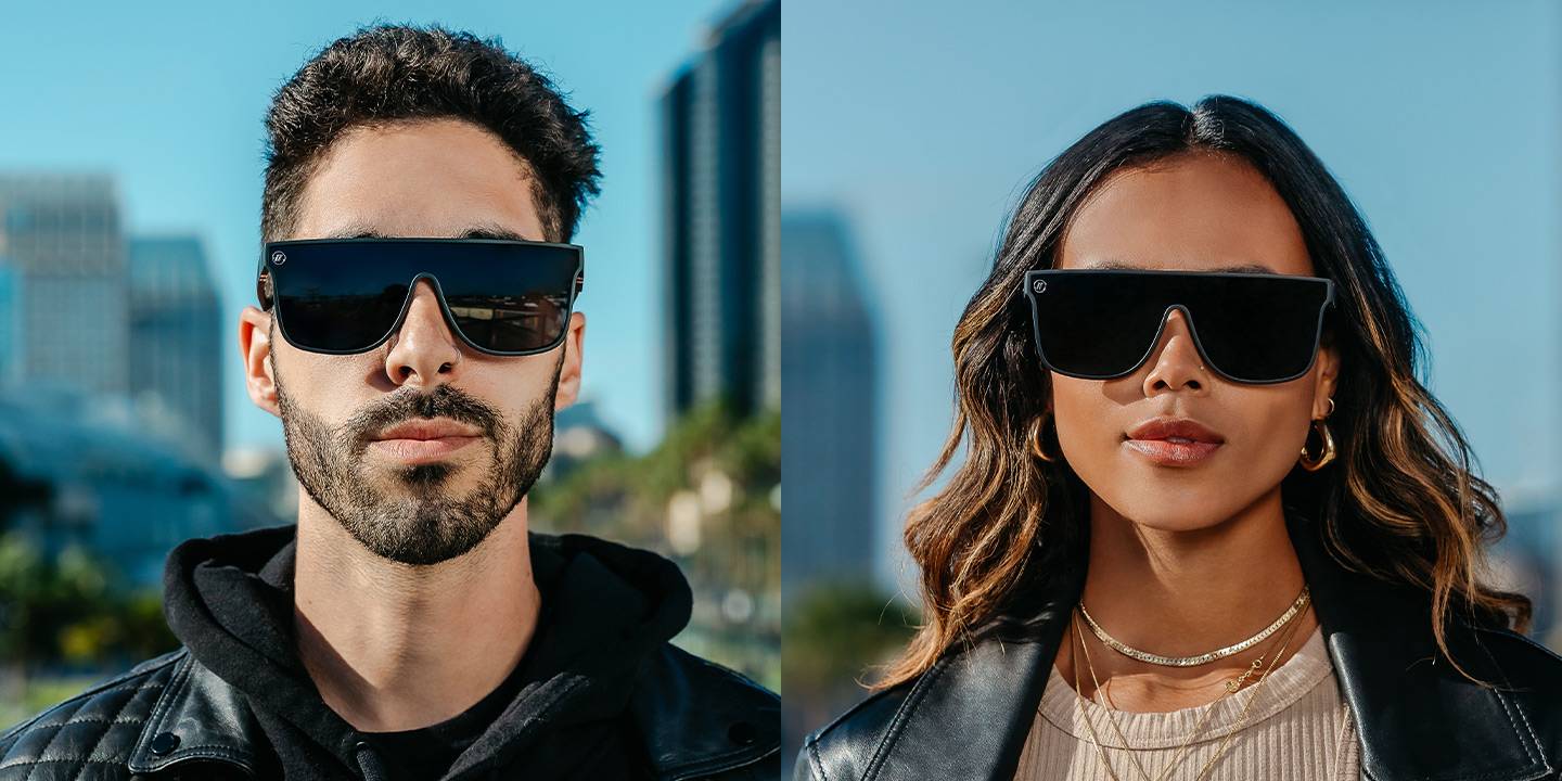 Dark Flatter Polarised Sunglasses Shield Lens & Black Rubber Flat Top