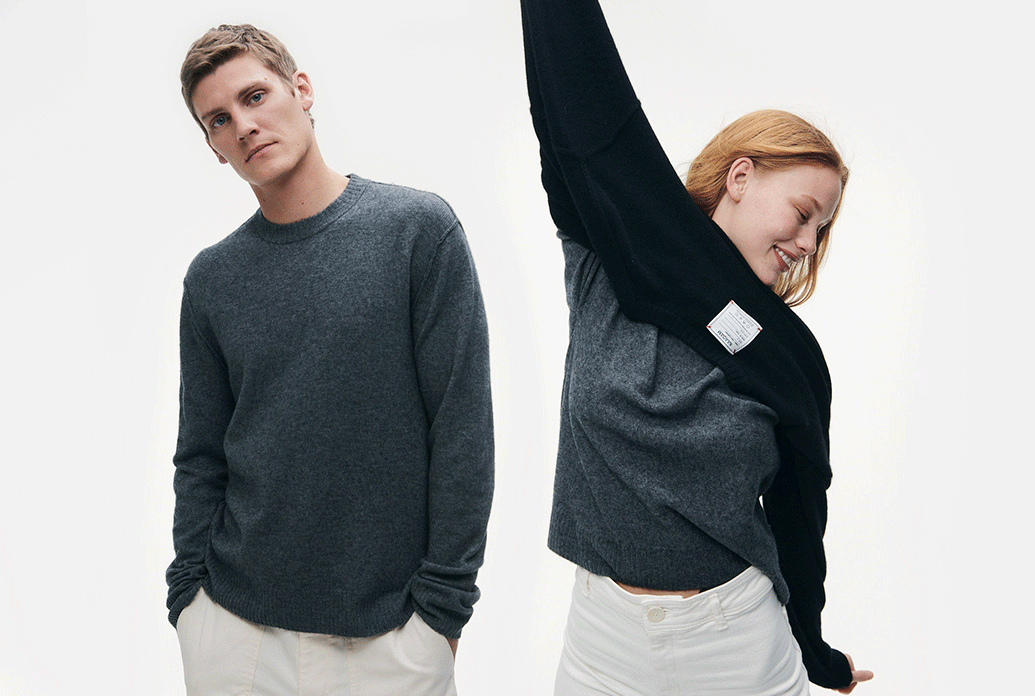 Models wearing the Reversible Cashmere Crewneck Sweaters