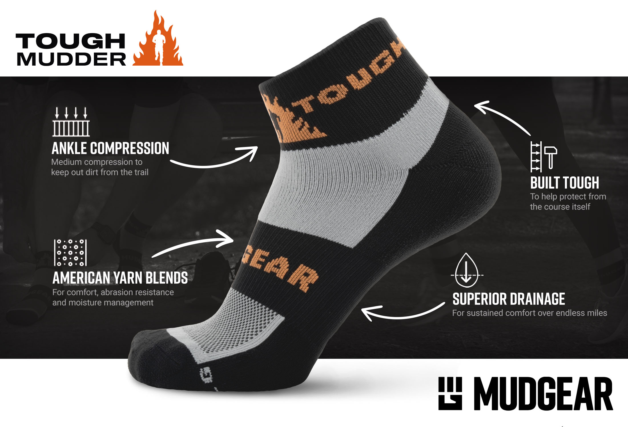Infographic of Tough Mudder by MudGear Quarter (1/4) Crew Sock