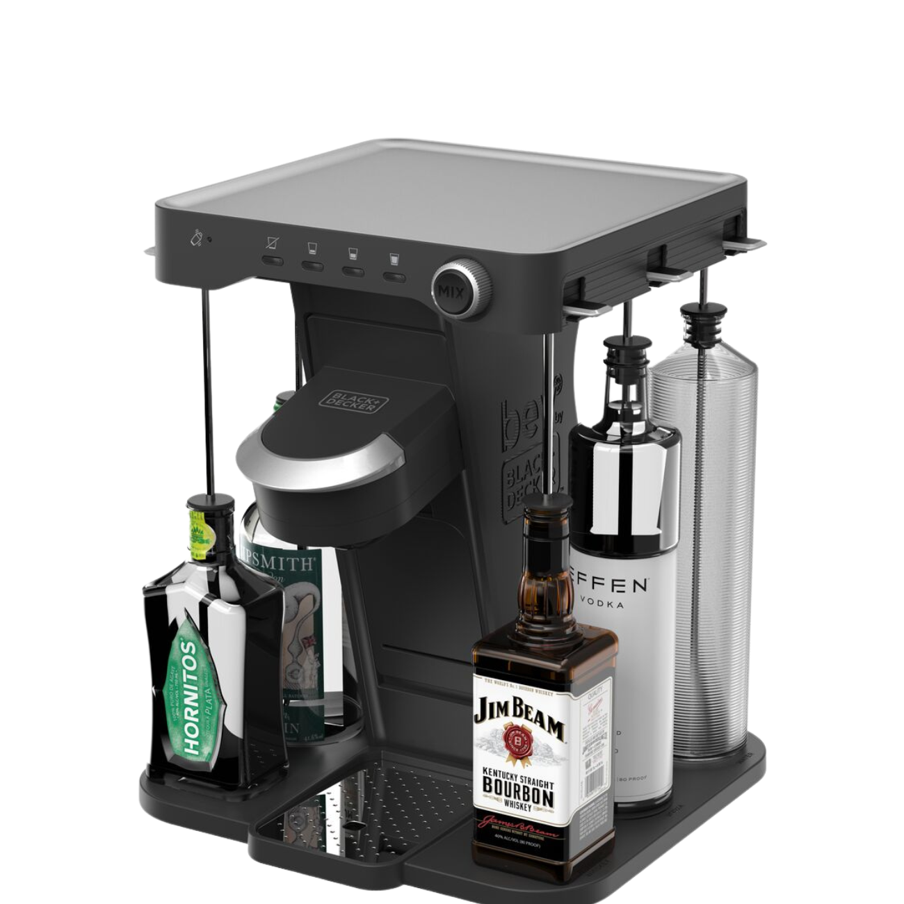 front view of the bev by BLACK+DECKER™ cocktail maker with Jim Beam brand liquor bottles