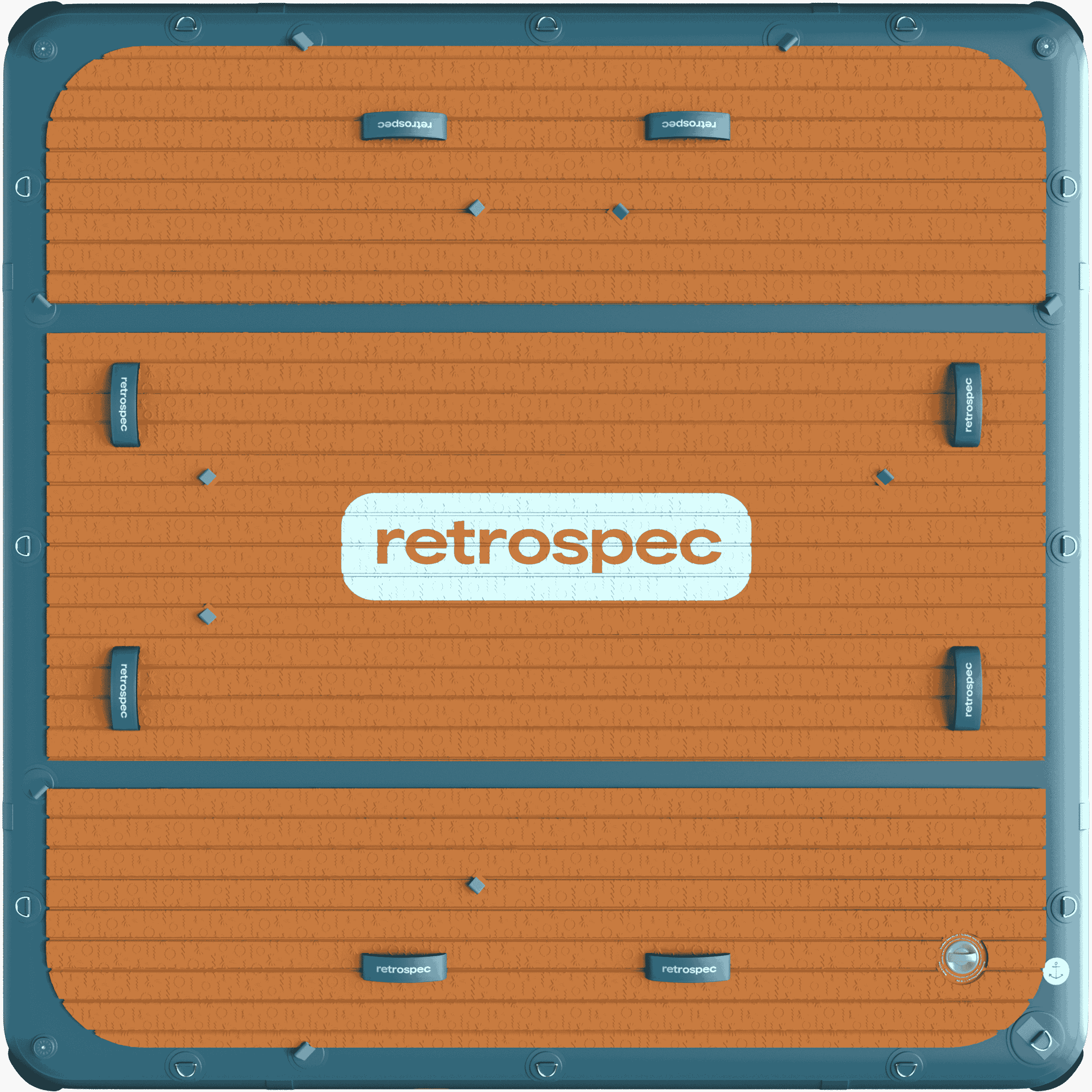 An overhead view of a retro-styled inflatable deck with a retrospec logo in the center.