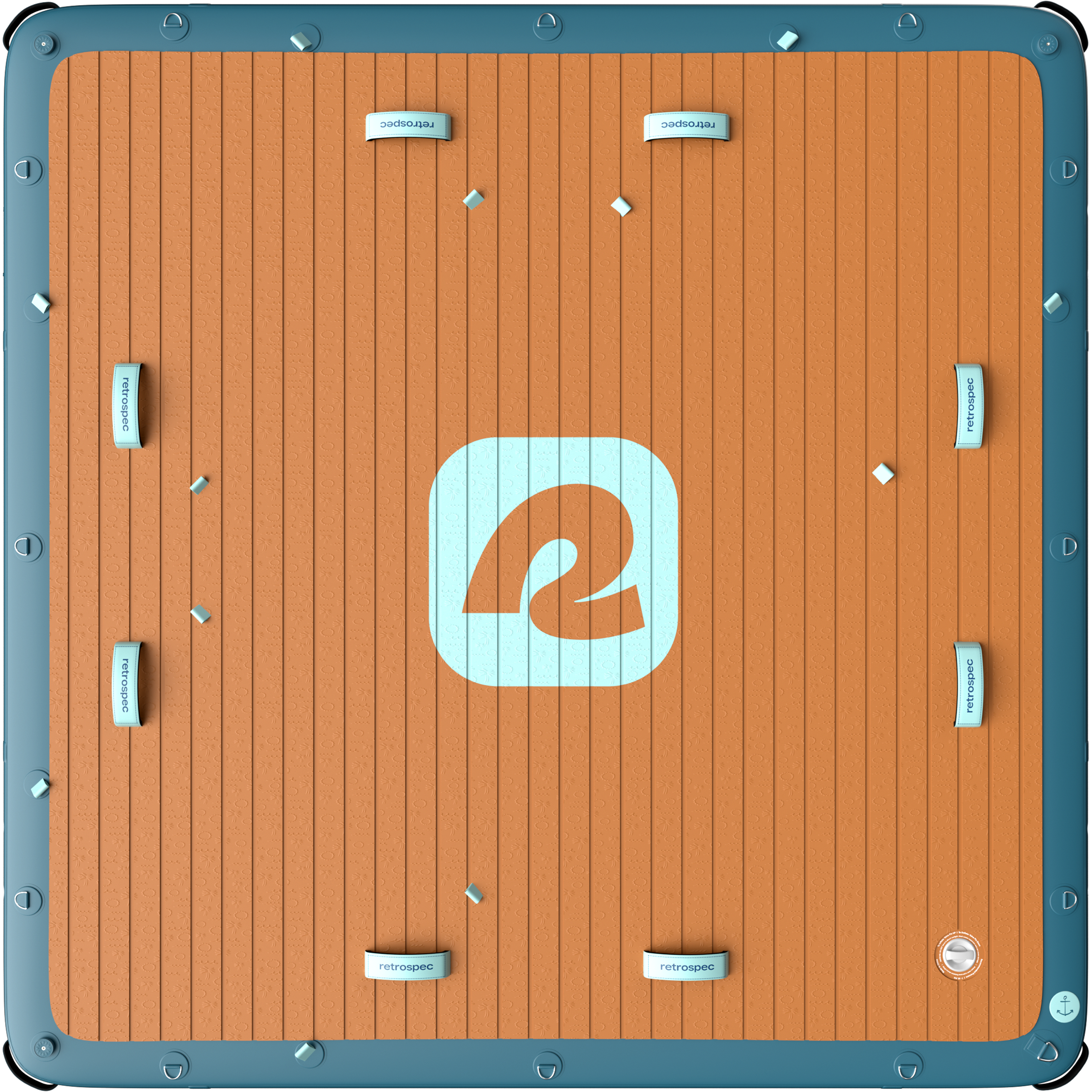 An overhead view of a retro-styled inflatable deck with an 