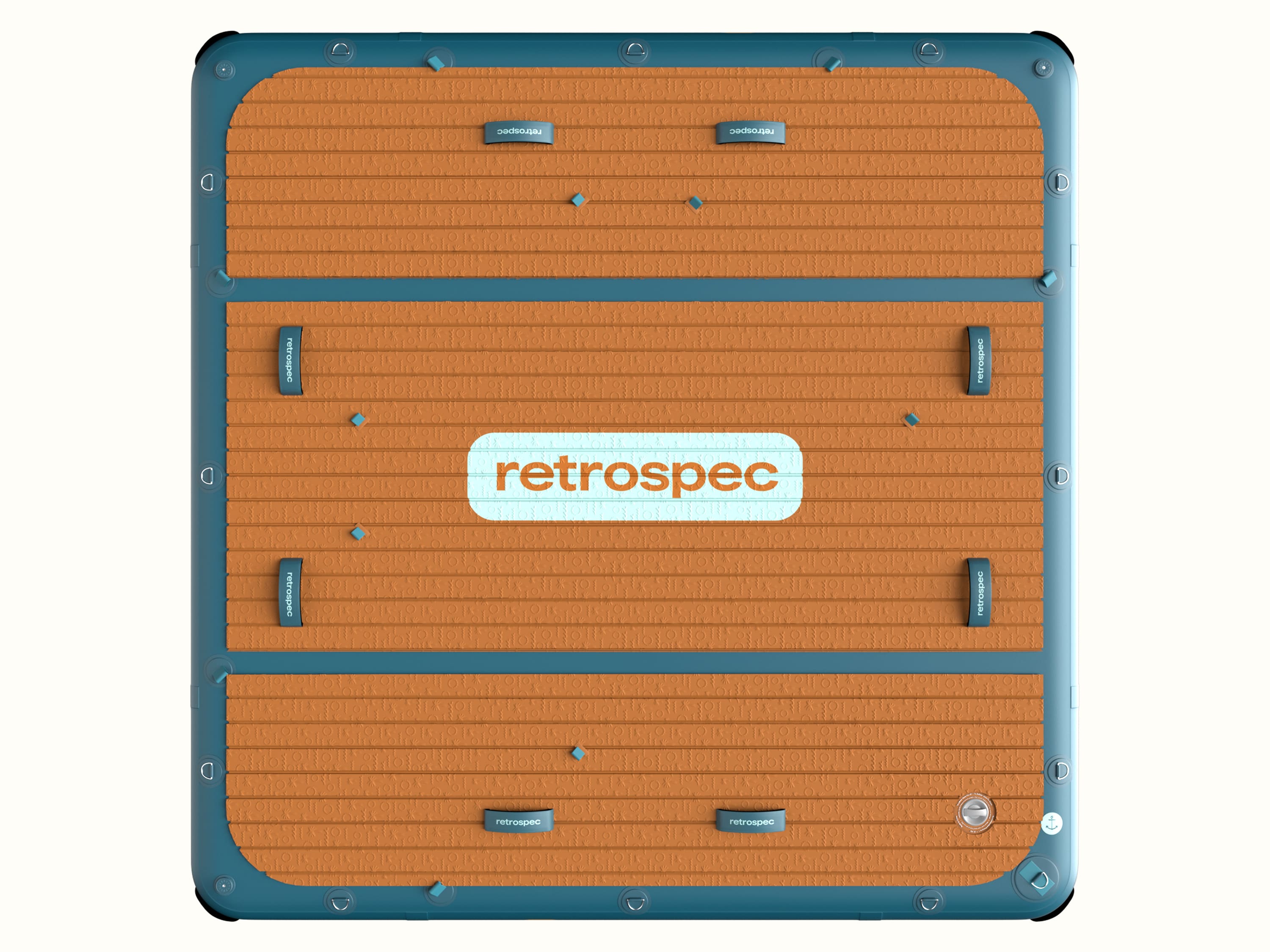 Top-down view of the Siesta 7' Inflatable Platform with a large blue retrospec logo in the center and blue trim.