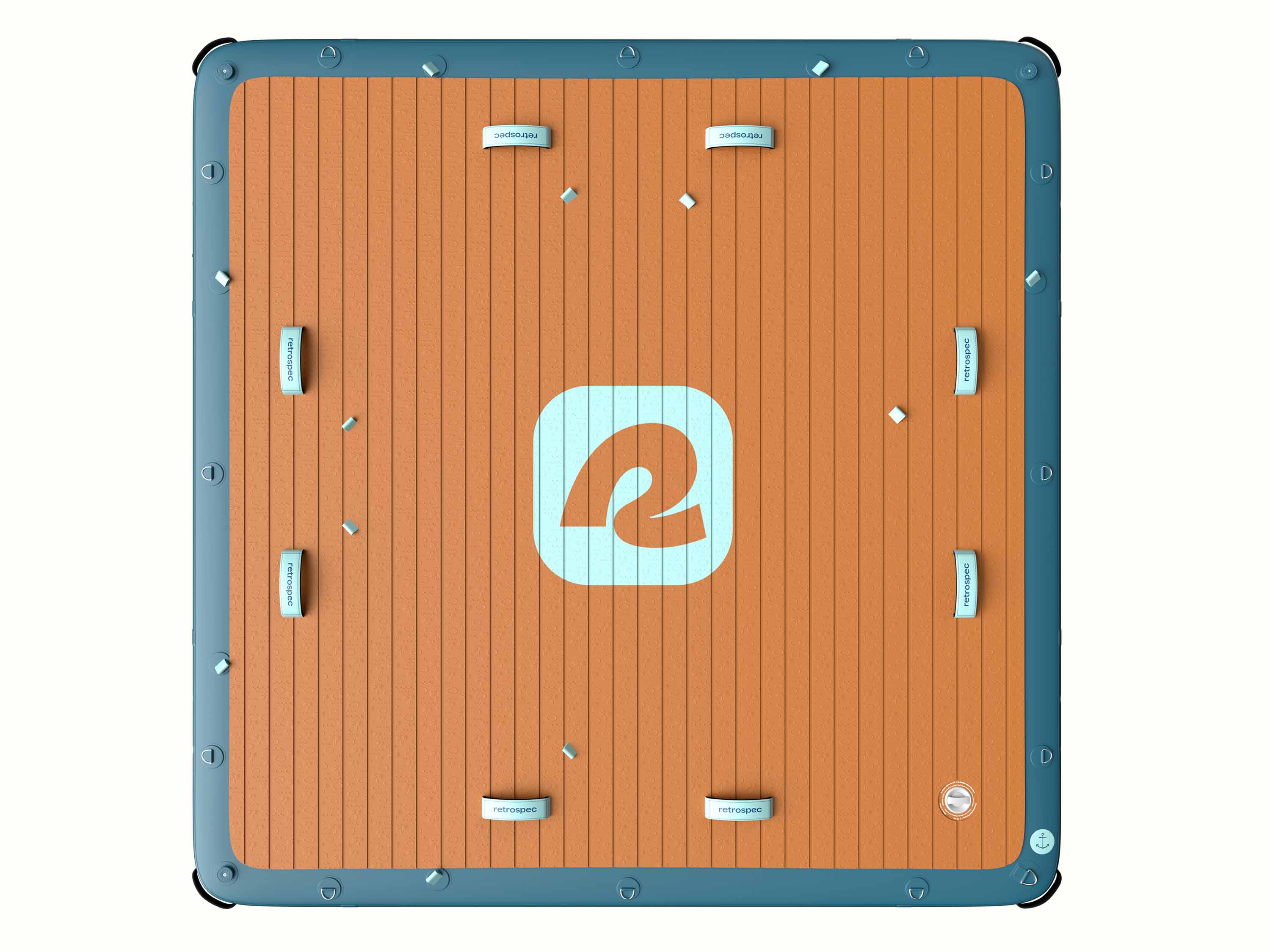 Top-down view of the Siesta 7' Inflatable Platform with a large blue retrospec logo in the center and blue trim.