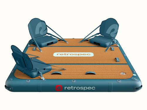 Inflatable floating dock with three inflatable chairs on a wood-patterned textured deck.