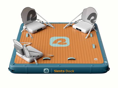 Inflatable floating dock with three inflatable chairs on a wood-patterned textured deck.