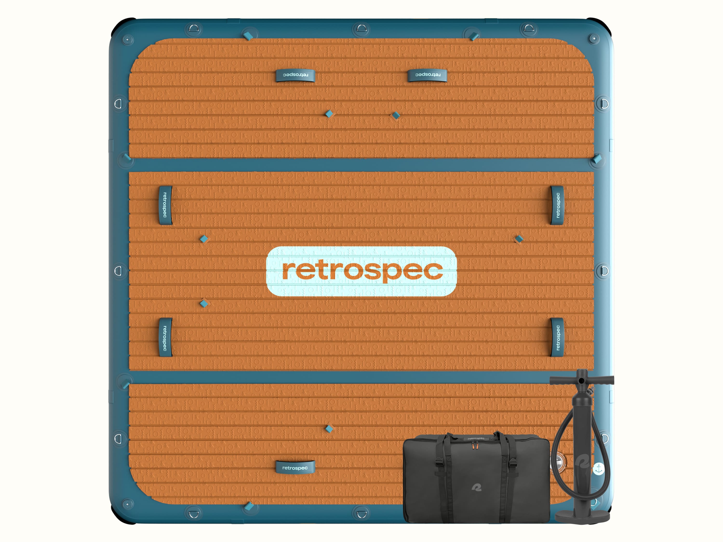 The Siesta 7' Inflatable Dock  with a pump and bag, featuring a large retrospec logo.