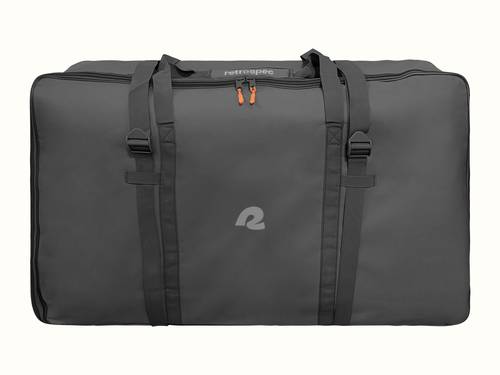 A dark gray bag with strap handles, zipper closure, and the logo “retrospec” at the center.