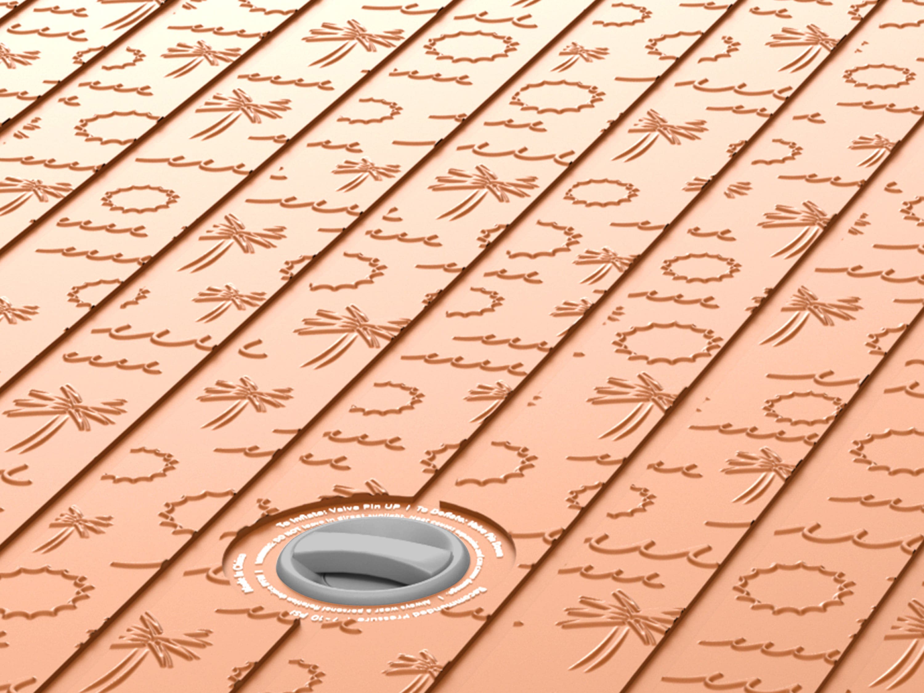 Close-up of the Siesta 7' Inflatable Platform's deck with a pattern of sun, waves and palm trees on the surface.