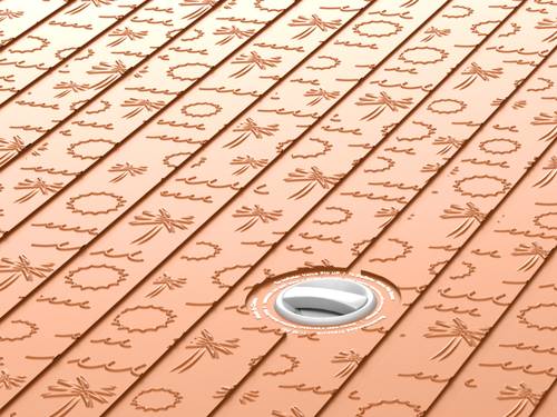 Close-up of the Siesta 7' Inflatable Platform's deck with a pattern of sun, waves and palm trees on the surface.