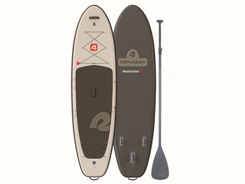The top and bottom view of the Weekender XL Inflatable Stand Up Paddle Board 11’ in beige and gray, alongside a paddle, showcasing its features and design.