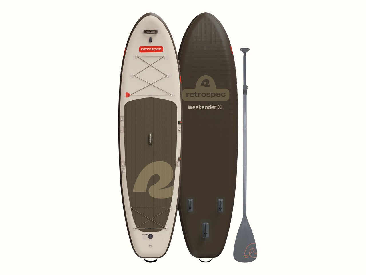The top and bottom view of the Weekender XL Inflatable Stand Up Paddle Board 11’ alongside a paddle, showcasing its features and design.