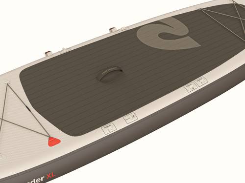 A top view of a the Weekender XL Inflatable Stand Up Paddle Board 11’ with a textured gray deck, featuring a carry handle and bungee cords.